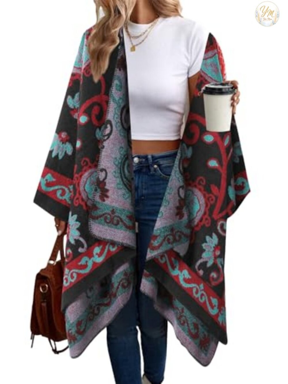 Women's Retro Style Poncho Cape Boho Shawl Wrap Fringe Trim One Size